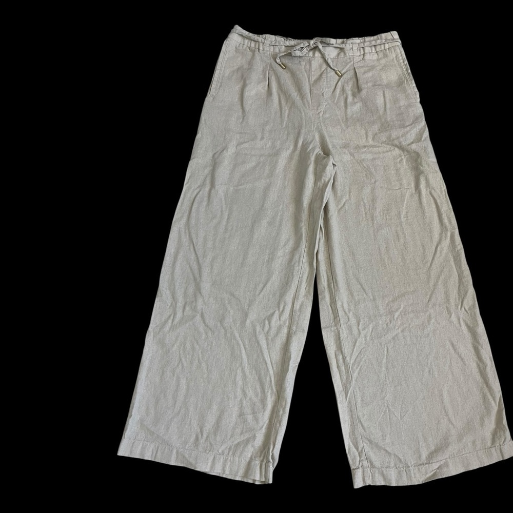 ZARA L Linen-Viscose Wide Leg Drawstring Pants Beige Cropped Summer